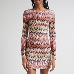 Authentic MISSONI Metallic Zigzag Long Sleeve Knit Mini Dress Multicolor new US6